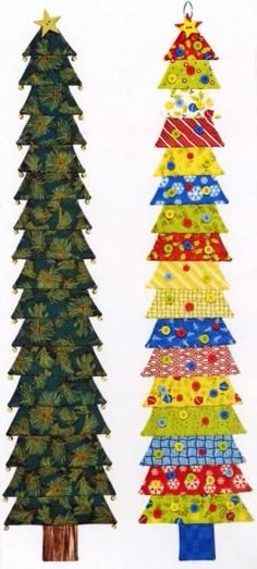 two christmas trees made out of different fabrics