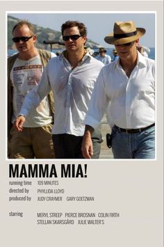 the poster for mamma mia starring actors from left to right