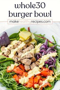 Keep it gluten-free and energizing with this high-protein burger bowl. Perfect for a post-workout meal or a satisfying dinner, it includes a healthy burger salad bowl loaded with all your favorite fixings and a dressing that packs a flavorful punch. It's quick, easy, and sure to be a hit for those on a gluten-free diet. Burger Salad Bowl, Burger Bowls Recipe, Whole30 Burger, Quick Dinners For Two, Burger In A Bowl, Protein Burger, Homemade Big Mac Sauce, Eating Burger, Burger Bowl