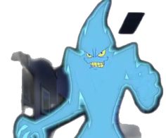 an animated image of a blue creature with yellow eyes and large teeth, standing in front of a white background