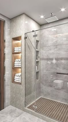 a bathroom with a walk in shower next to a white toilet and wooden shelves on the wall