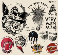 several different tattoos and designs on a piece of paper with the words very much alive