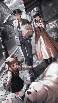 an anime scene with two people and a dog on the sidewalk next to a building