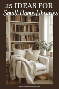 a white chair sitting in front of a book shelf filled with books