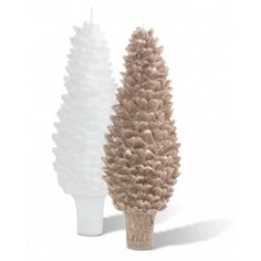 two white vases with different types of trees in them