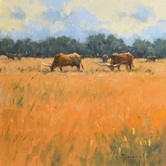 an oil painting of cows grazing in a field