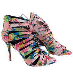 Step Into A World Of Color And Style With These Stunning Kendall & Kylie Heels. With A Vibrant Floral Pattern That Pops Against The Pink And Blue Hues, These Shoes Are Sure To Turn Heads Wherever You Go. The Lace-Up Closure Adds A Trendy Touch, While The Open Toe Design Lets You Show Off Your Latest Pedicure. Perfect For Any Season And Any Occasion, These Heels Are A Must-Have Addition To Your Shoe Collection. Features: - Vibrant Floral Pattern For A Standout Look - Lace-Up Closure For A Secure Spring Floral Print High Heels, Spring Multicolor Heels, Spring Floral Print Pointed Toe Heels, Floral Print Heels For Spring Party, Pink Fitted Lace-up Sandals, Fitted Lace-up Pink Sandals, Fitted Pink Lace-up Sandals, Multicolor Floral Print Heels For Spring, Spring Lace-up 4-inch Heels