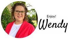 a woman wearing glasses and a red cardigan is featured in the words enjoy wendy