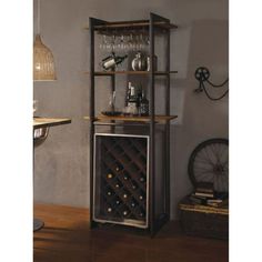 a wine rack with bottles and glasses on it