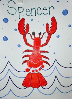 a painting of a red crab on a white board with the words spencer written above it