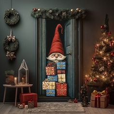 a christmas scene with presents in front of a door and a santa clause on it