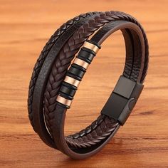 Kevin Leather Bracelet - Oneposh Men's Leather Bracelet, Rose Gold Brown, Glitter Print, Stainless Steel Bangles, Red Bracelets, Rhinestone Trim, Mens Leather Bracelet, Diy Shoes, Luxury Style