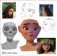 some drawings of people with different facial expressions and hair styles, including an alien head