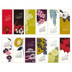 a calendar with flowers on it and the date for each month in red, green, yellow