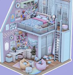 a doll's house with furniture and accessories in the shape of a bed room