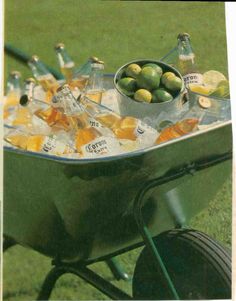 a wheelbarrow filled with lots of bottles and lemons on top of grass