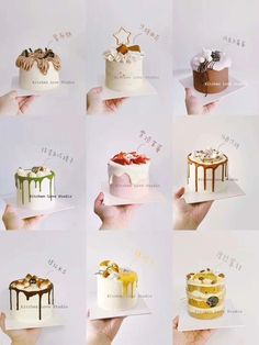 nine different types of cakes being held in their hands