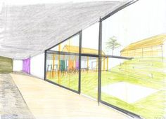 this is a drawing of a room with glass walls and an open floor to ceiling window