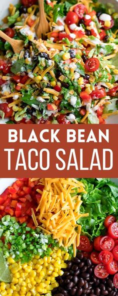 black bean taco salad with peppers, tomato, corn, beans, cheese, and scallions Black Bean Taco Salad, Bean Taco Salad, Creamy Salsa Dressing, Salsa Dressing, Creamy Salsa, Black Bean Tacos, Bean Tacos