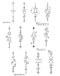 the symbols for different types of zodiacs and their meanings are shown in black ink