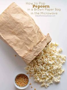 how to pop popcorn in a brown paper bag in the microwave with text overlay