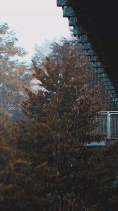 an umbrella sitting on the side of a building in the rain with trees behind it