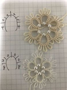 three pieces of crocheted fabric with pearls on them