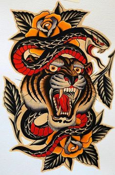 an image of a tiger with a snake on it's head and roses around its neck