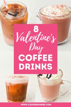 Four cups of pink and red coffee in glasses. Easy Coffee Drinks Recipes, Espresso Drink Recipes, Romantic Drinks, Espresso Drink, Valentine Drinks, Mocha Recipe, Starbucks Valentines, White Chocolate Mocha, Drinks Coffee