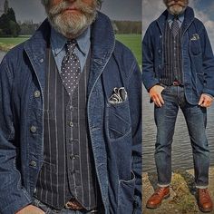 I don't look good in denim jackets, but I love this. Workwear Vintage, Denim Workwear, Rugged Style, Retro Mode, Workwear Fashion, Mens Vintage, Well Dressed Men, Old Man, Mens Street Style