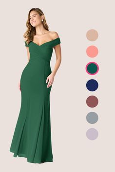 a woman in a long green dress standing next to color swatches and the image shows off