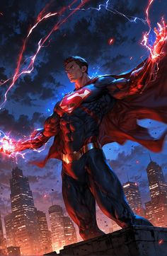 a man in a superman costume standing on top of a building with lightning coming out of his cape