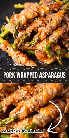 pork wrapped asparagus with sesame seeds on top