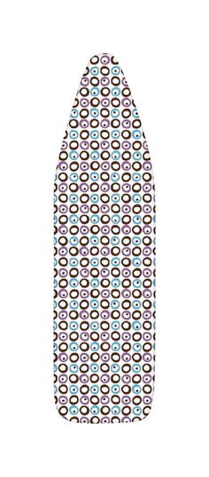 an ironing board cover with circles and dots in blue, pink, brown and white