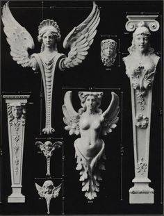 an old black and white photo of various statues with angel wings on the top one