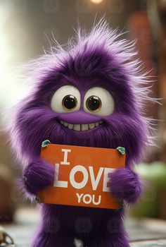 a purple stuffed animal holding a sign that says i love you