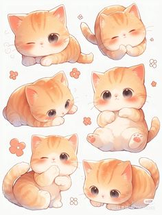 an orange cat sitting down with different expressions