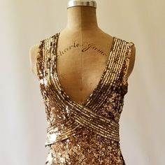 Autgentic Antique 1930's Sequin Dress. Made With Gel Sequins. Gatsby Style V-neck Evening Dress, Fitted Gold Gatsby Style Dress, Gold Fitted Gatsby Style Dresses, Gold Fitted Gatsby Dress, Fitted Gold Gatsby Dress, Fitted Gold Art Deco Dress, Gold Fitted Art Deco Dress, Art Deco Sleeveless Evening Dress, 1920s Gold Party Dress