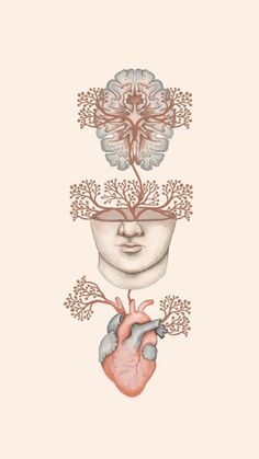 the human heart is surrounded by trees and branches, as well as an image of a man's face