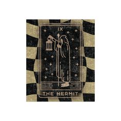 the hermit tarot card is shown in black and gold