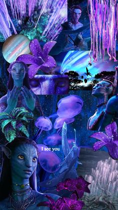 a collage of photos with purple and blue hues, including an alien woman