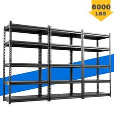 four shelves with blue and white lines on the bottom, one shelf has three black shelves