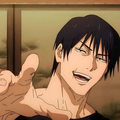 an anime man with black hair and no shirt on giving the middle finger sign while standing in front of a window