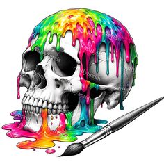 a drawing of a skull with paint dripping on it