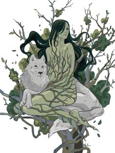 a woman sitting on top of a tree next to a white wolf