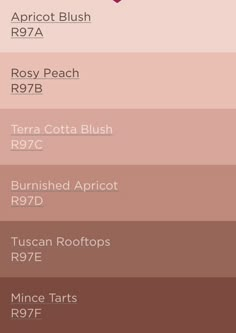 the color scheme for different shades of pink, brown and red with text that reads apricot blush r97a rosy peach rose peach