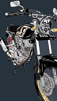 a drawing of a motorcycle on a black background with gold trimmings and wheels