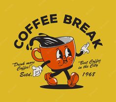 the coffee break logo with a cartoon character holding a mug and pointing to it's left