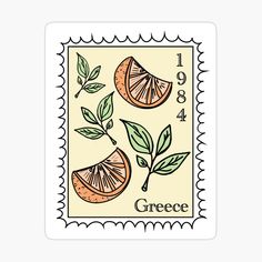 a stamp with oranges and leaves on it sticker for the greece postage office