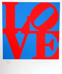 a blue and red print with the word love written in large letters on it's side